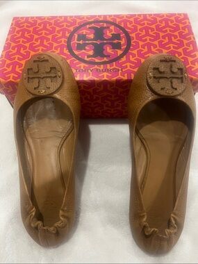 Tory Burch Tan Leather Logo Ballet Flats